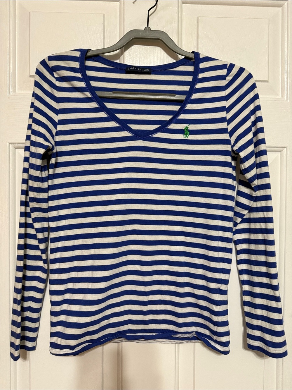 Ralph Lauren White and Blue Striped V-Neck Long Sleeve Tee